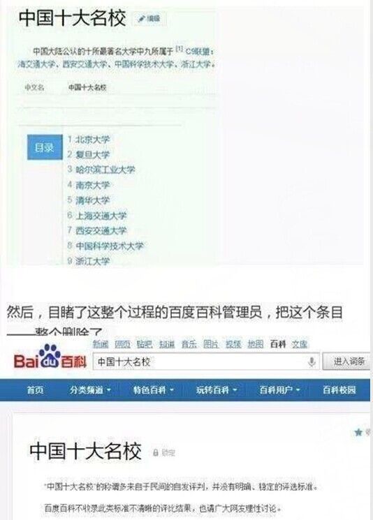 中国十大名校百科词条变更全过程