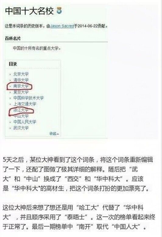 中国十大名校百科词条变更全过程
