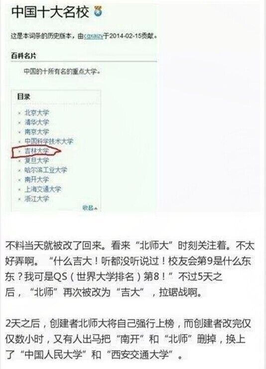 中国十大名校百科词条变更全过程